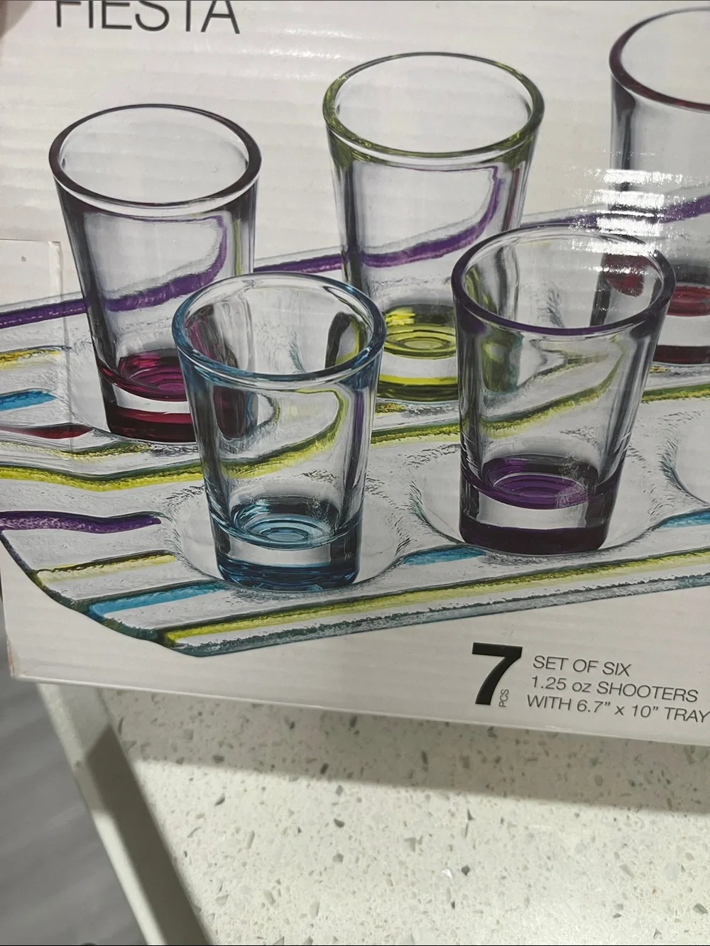 Fiesta Colorful Glass Shot Glass Set with Striped Serving Tray NIB 7 pc set